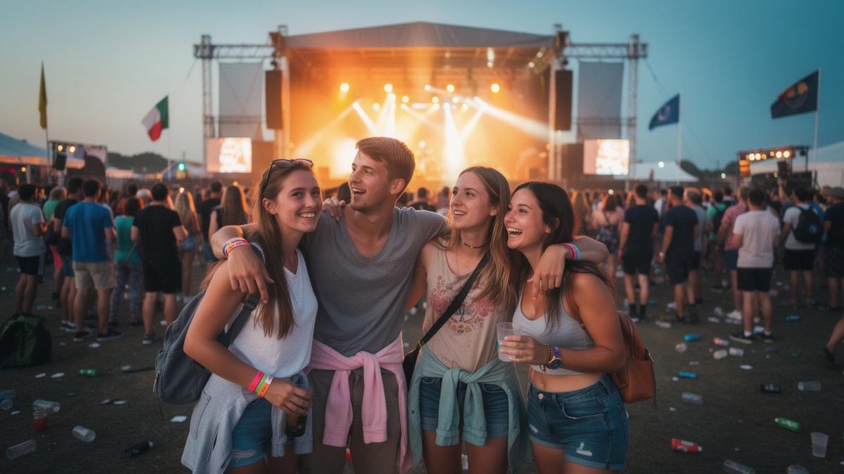 Young travelers with festival wristbands standing together in front of a stage at dusk